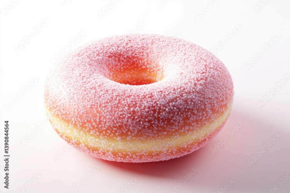 A pink donut, generously coated in sugar, sits on a white background. A pink donut, generously coated in sugar, sits on a white background.