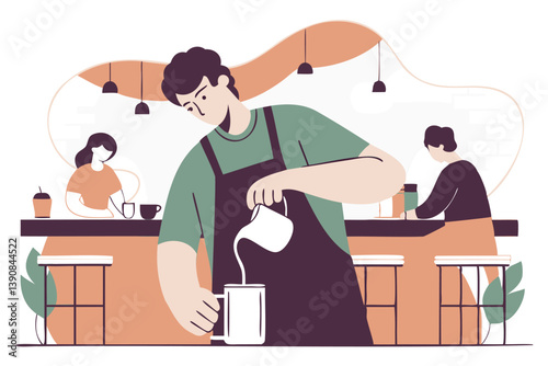 Skilled barista carefully pouring steamed milk into a freshly brewed coffee, creating latte art in a cozy cafe setting