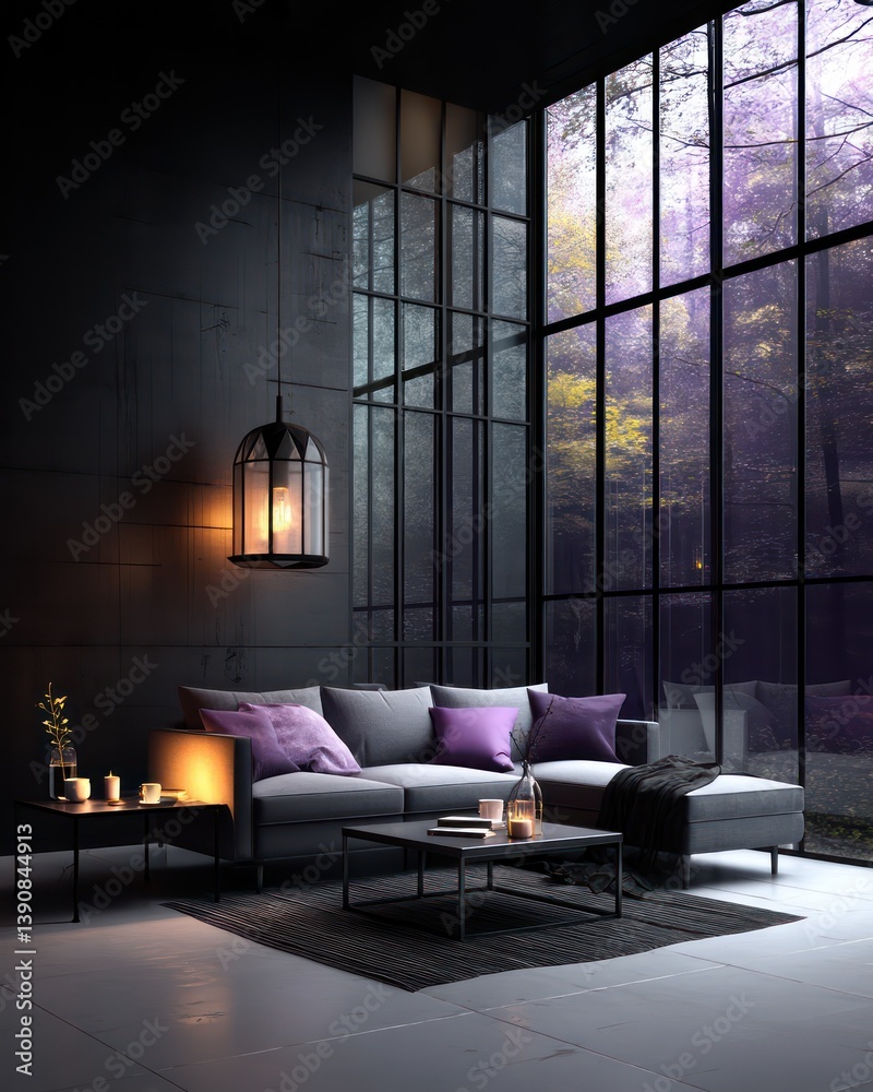 Obraz premium A modern living room with a soft grey sofa and lavender pillows