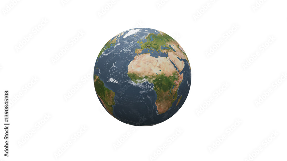 Earth rendering centered on Europe and Africa, showcasing oceans, continents, and cloud cover against a black background. Earth rendering centered on Europe and Africa, showcasing oceans, continents, and cloud cover against a black background.