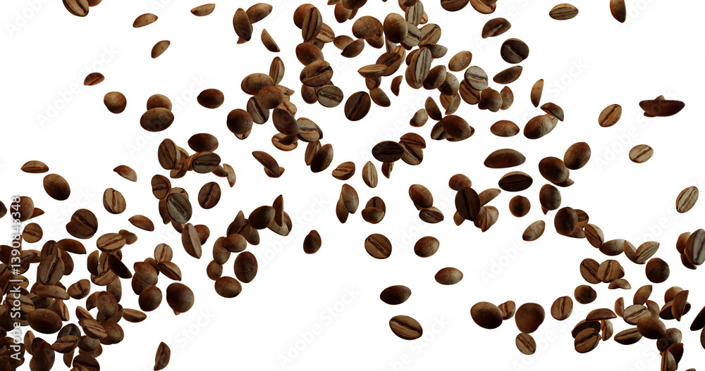 Obraz premium Numerous brown coffee beans are falling or floating against a bright white background, with a denser concentration in the center and lower left, scattering towards the upper right.