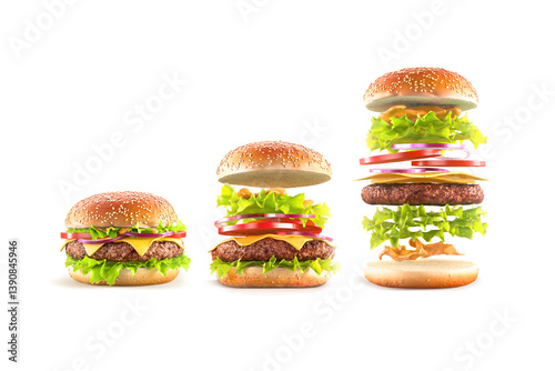 Obraz na plátně Beef hamburger with cheese and vegetables mockup ingredients, isolated