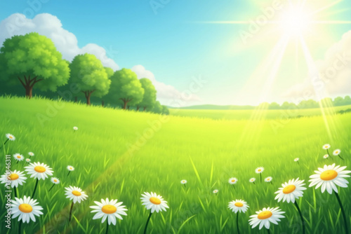 Sunny spring meadow with vibrant green grass, white daisies. Blue sky with soft sunbeams. Rich foliage in background
