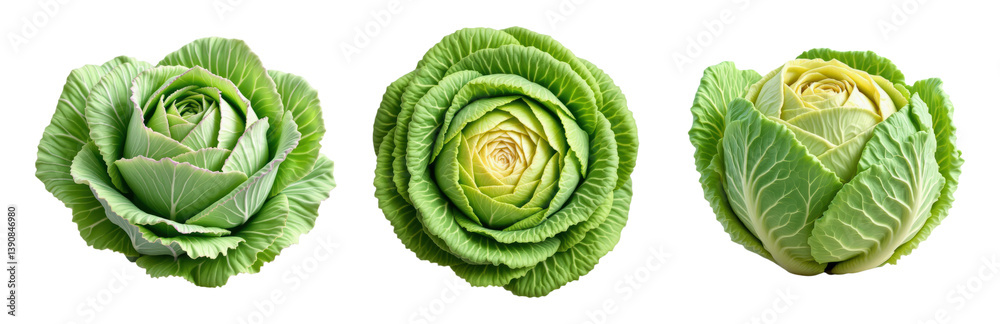 Fototapeta premium Fresh Organic Green Cabbage Heads Collection, Natural Raw Vegetable from Garden Farm Market, Top View Photography Isolated on Transparent and White Background