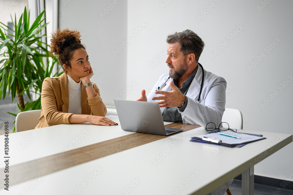 Obraz premium Male doctor with laptop on desk explaining medical procedure to serious female patient in medical clinic