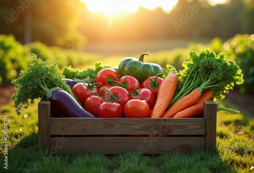 colorful organic vegetables fresh harvest wood crate display vibrant produce arrangement natural farm freshness, pepper, tomato, zucchini, onion, potato