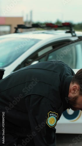 A police officer is carefully investigating a scene that is situated near a patrol car