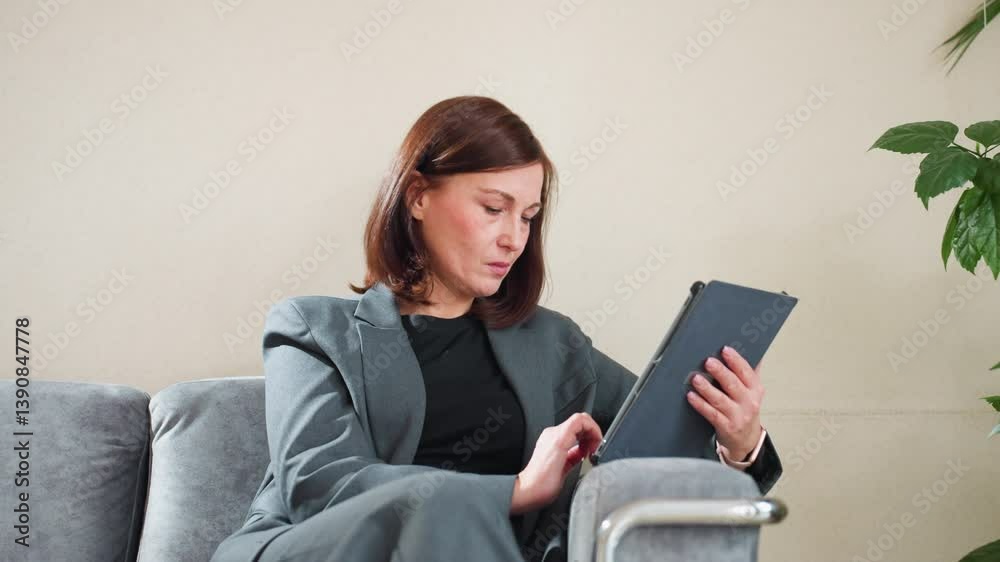 Focused businesswoman in formal suit using tablet while sitting on sofa in bright modern office, analyzing data or reading reports with serious expression, indoor workplace with minimalistic decor