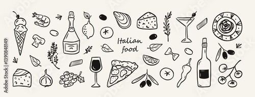 Hand drawn italian food set. Mediterranean lunch and dinner icons in doodle style. Pasta, olive, pizza, cheese, tomato, lemon, wine. Dolce vita aesthetics. Perfect for print, design menu, sticker.