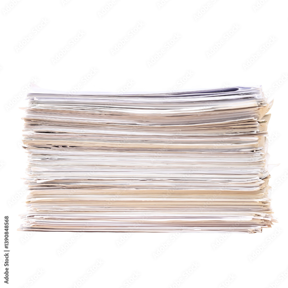 Tall stack of documents and papers isolated on transparent background Tall stack of documents and papers isolated on transparent background