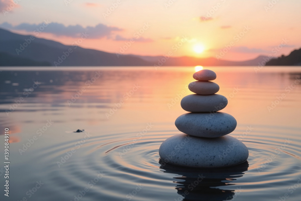 Zen Stone Stack in Water at Sunset - Tranquil Nature Scene Zen Stone Stack in Water at Sunset - Tranquil Nature Scene