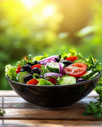A fresh and vibrant Greek salad served in a stylish ceramic bowl.
