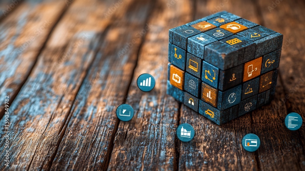 Obraz premium Close up shot of a cube symbolizing program increase and client growth placed on a wooden background with icons representing conversion and sale