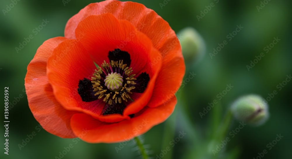 A vibrant close-up of a red poppy flower in full bloom. A vibrant close-up of a red poppy flower in full bloom.