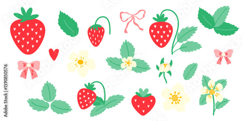 Vector set of strawberry, wild strawberry illustrations with juicy berries, flowers, and leaves. Ideal for summer clipart, sticker, food-themed designs