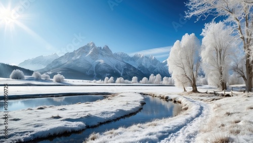 Illustration of a serene countryside landscape featuring a clear pond in the foreground