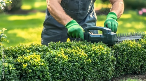 Gardener trimming hedge with electric tool in garden