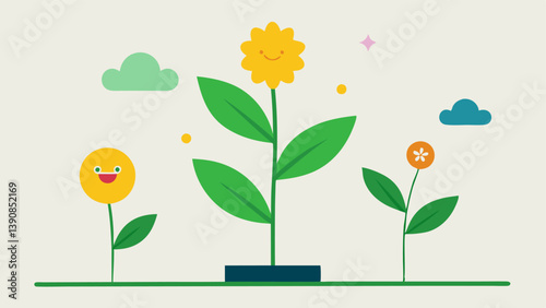 Growth and Bloom A plant growing upwards with serotonin icons as blooming flowers symbolizing personal growth and emotional wellbeing nurtured by serotonin.