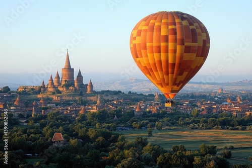 Sunrise hot air balloon over ancient European city