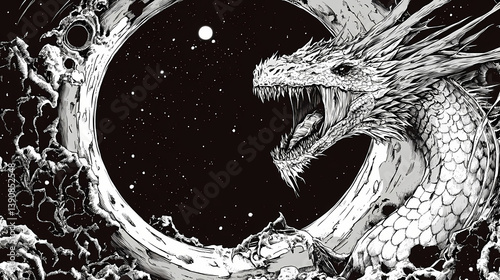 Abyssal dragon guarding the cosmic black hole. Voidborn Entity. Illustration
