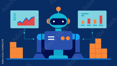 Algorithmic Trading Bot A robot figure analyzing data points on multiple screens symbolizing algorithmic trading powered by AI and analytics.