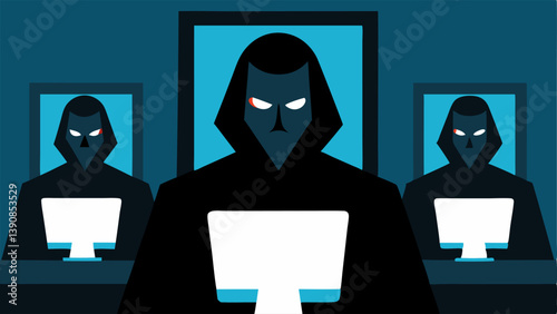 Menacing Shadows Silhouettes of figures in dark clothing lurking behind computer screens symbolizing the hidden threat of identity theft.