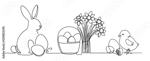 Easter composition - bunny and chick with decorated Easter eggs and flowers in a minimalist continuous line art style  