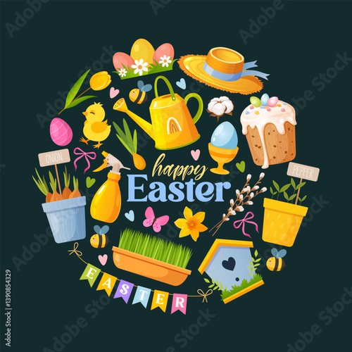 Vector cartoon collection of Easter elements in circle shape includes colorful painted eggs, Easter cake, seeds packet, cute chicken, spring flowers, birds feeder and another symbols.