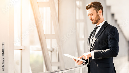 Successful entrepreneur with digital tablet standing next to window in airport, using nice mobile application for business while waiting for flight, panorama with copy space, sun flare