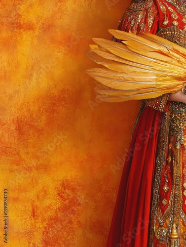Woman in ornate, red, golden embroidered gown holding a fan of feathers against a warm orange backdrop