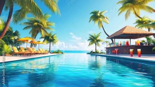 Tropical Paradise with Swimming Pool, Palm Trees, and Bar Under Bright Blue Sky Ideal for Relaxation and Vacation Dreaming