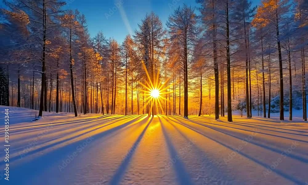 Shiny sunrise illuminating snow-covered trees in a peaceful winter forest scene
Shiny sunrise illuminating snow-covered trees in a peaceful winter forest scene