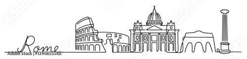 Endless line drawing showcases iconic landmarks of Rome ncluding the Colosseum and St. Peter's Basilica
