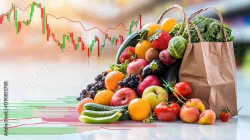 Fototapeta Naklejka Na Ścianę i Meble -  Fresh Produce Overflowing from a Brown Bag with Stock Market Graph in the Background