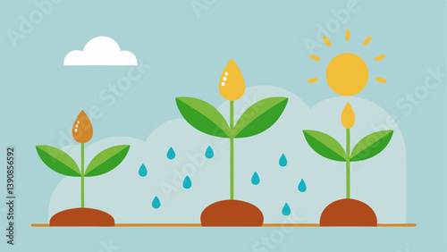 Growing Plant A series of illustrations showing a seed growing into a plant through different stages with rain and sunlight representing the challenges and support needed to