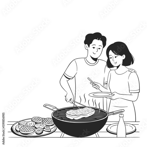 Black and white illustration of a couple grilling food, featuring a barbecue grill and various cooking utensils