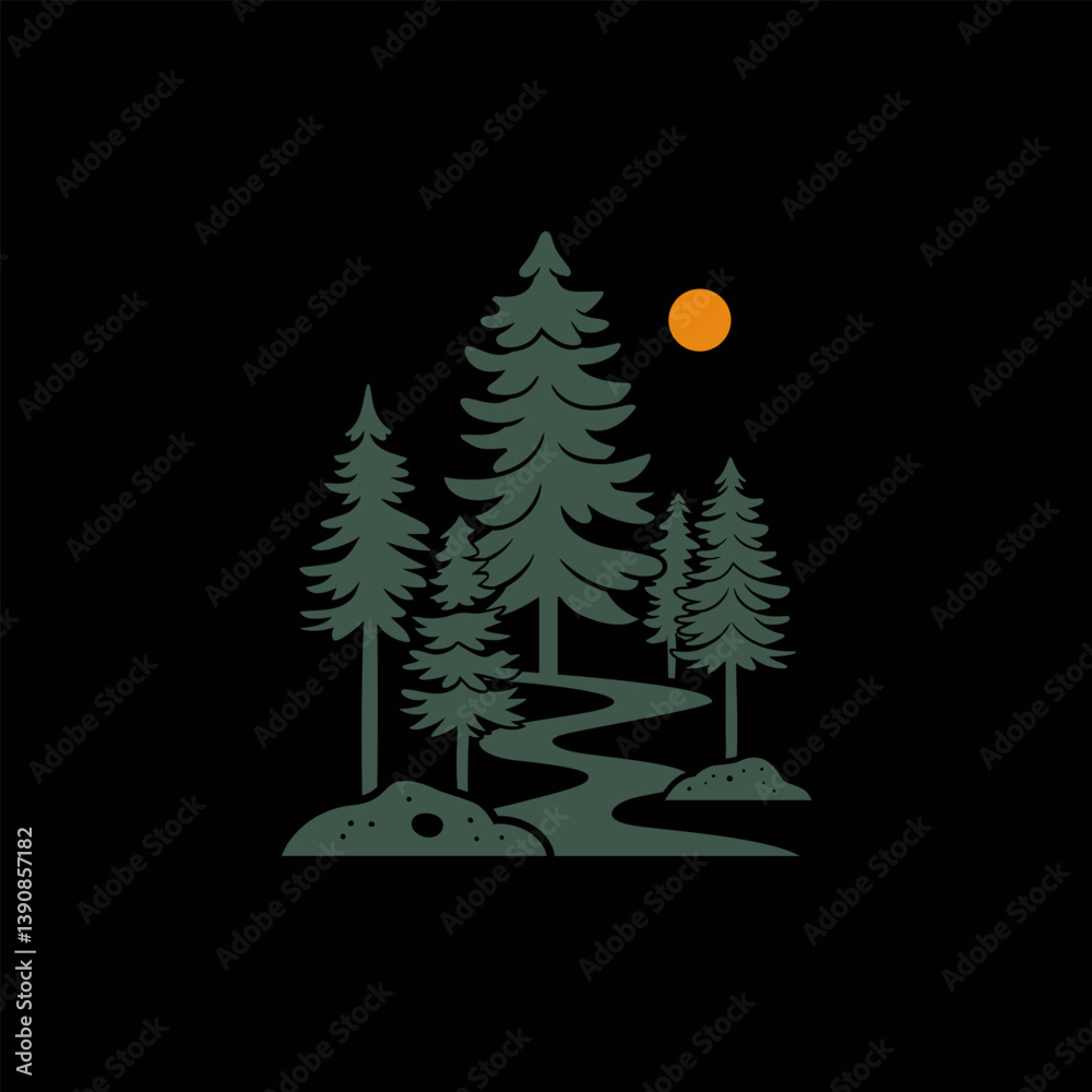 Fototapeta premium Minimalist forest scene featuring tall evergreen trees, a winding path, and a setting sun