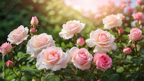 A vibrant field of pink roses basking in the soft