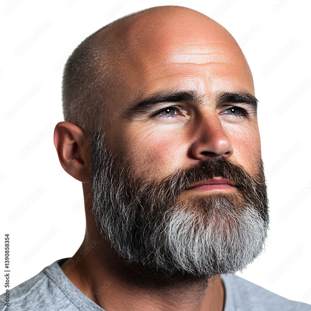 Obraz premium A Man with a Clean Shaven Head and Bold Beard Isolated on Transparent Background