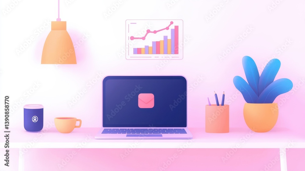 Minimalist Workspace for E-commerce Analysis with Laptop, Financial Chart, and Calming Plant Minimalist Workspace for E-commerce Analysis with Laptop, Financial Chart, and Calming Plant