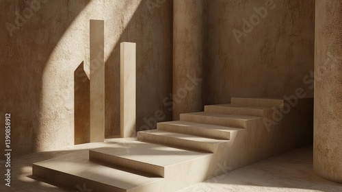 Beige minimalist interior design showcasing a staircase and geometric shapes