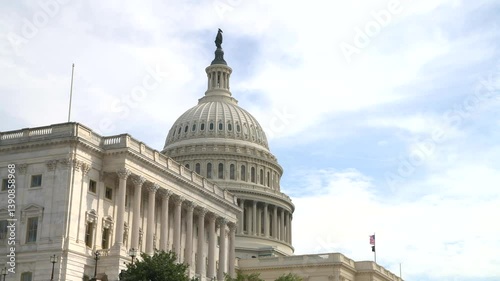 United States Capitol Building, Capitol Dome in Washington, DC, bottom view with American flag.
