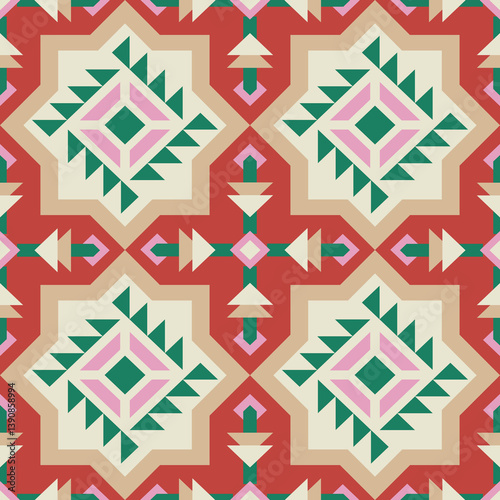 Tribal geometric abstract carpet seamless pattern. Color mosaic oriental kilim rug background