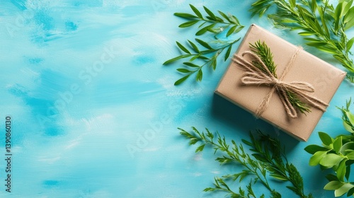 Eco-friendly gift box surrounded by fresh greenery on a light teal background