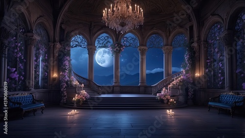 fantasy-themed scene with a grand staircase leading up to an ornate balcony