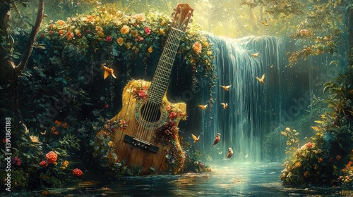 Floral acoustic guitar nestled in a lush, tranquil forest beside a cascading waterfall