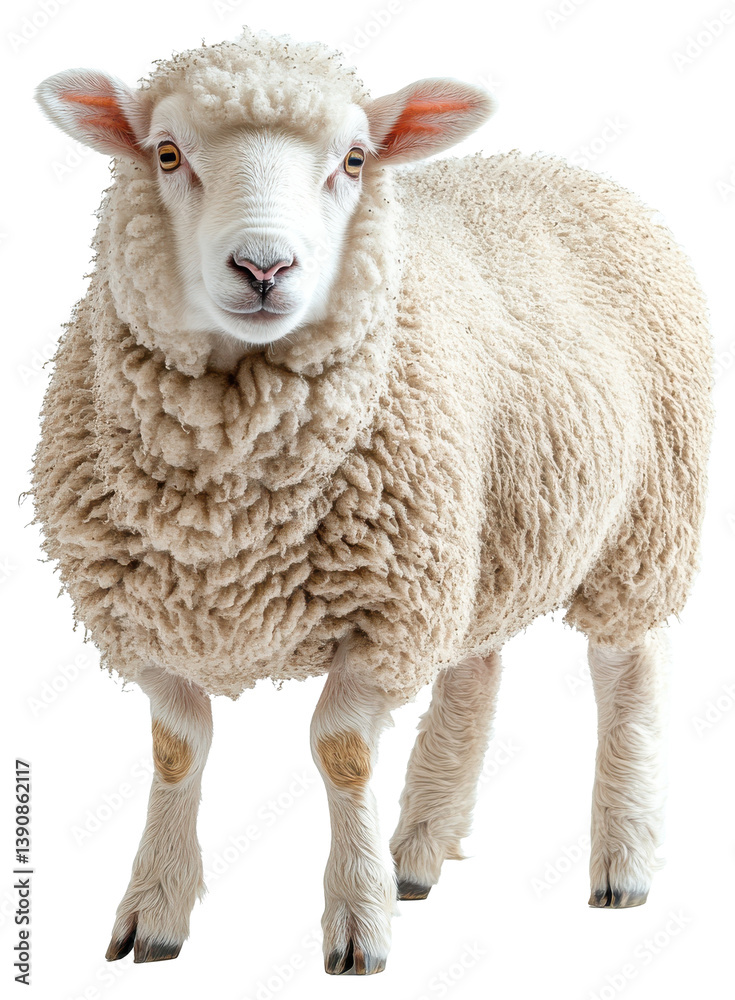 Fototapeta premium Sheep with fluffy coat standing isolated on transparent background showcasing natural beauty Generative AI