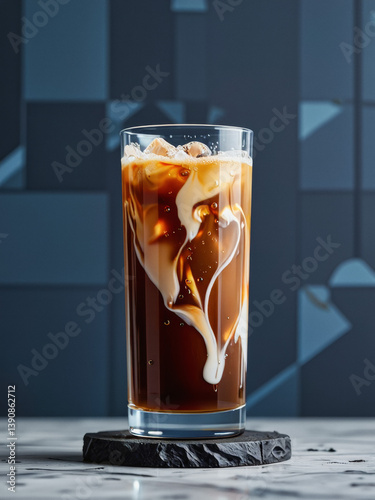 Vivid design food and beverage advertisement: A tall glass of iced coffee with a caramel drizzle sits on a dark coaster against a backdrop of geometric blue shapes.