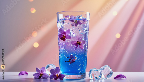 Vivid design food and beverage advertisement: A refreshing glass of blue liquid with ice cubes and purple orchids creates an elegant and visually appealing beverage display.