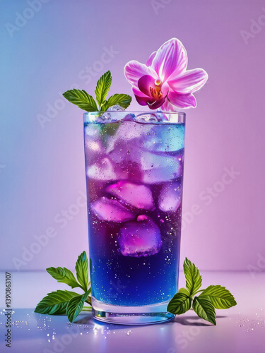 Vivid design food and beverage advertisement: A vibrant purple cocktail with ice cubes and garnished with a pink orchid and mint leaves sits elegantly against a gradient blue background.